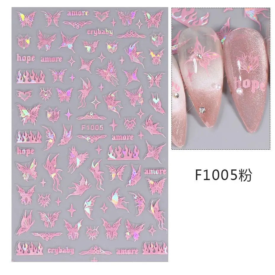 Aichashi 1PCS Black White Butterfly Laser Nail Stickers Y2K Nail Art Decoration Abstract Lines Bronzing Flowers Stickers For Nails