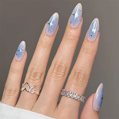 24pcs Gradient False Nails Cute Star Printed Design Fake Nail Short Square Faux Ongles Manicure Nail Stickers Press On Nail Tips