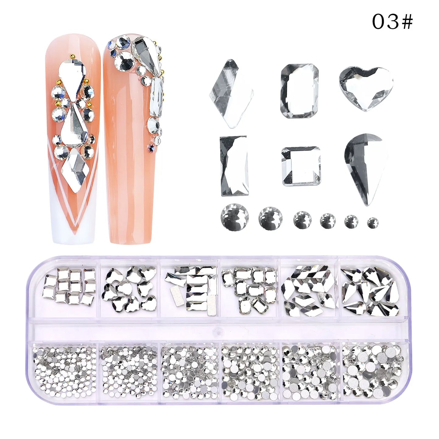 12 Grids/Box Multi-Size Nail Art Rhinestone Decorations AB Crystal Diamond Gems 3D Nails Glitter Glass Non Hotfix Strass Jewelry