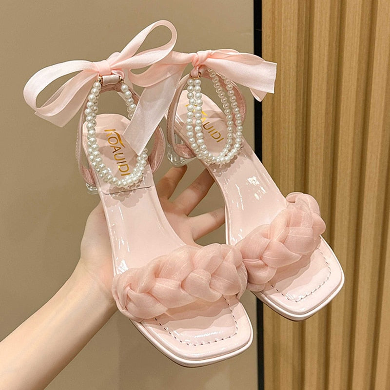 Aichashi Cute Pink Lace Bowknot Sandals for Women Summer Pearl Ankle Strap Clear Chunky Heels Sandals Woman Party Dress Pumps Shoes