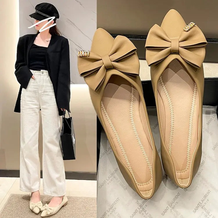 Aichashi 2024 Leather Spring Autumn Handmade Bowknot Flats Ballerina Shoes Women Loafers Soft Leather Metal Button Women Flats Shoes