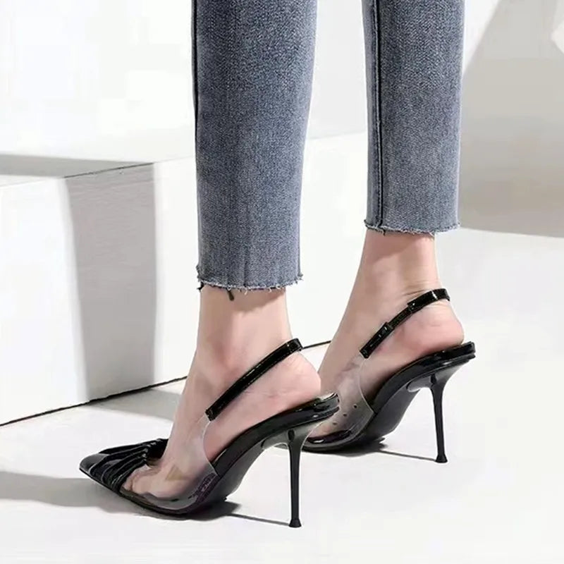 aichashi  -  Fashion Pointy Toe Pleated Design High Heeled Sandals Women Summer Sexy Clear Backstrap Stiletto Heels Party Wedding Women Pumps