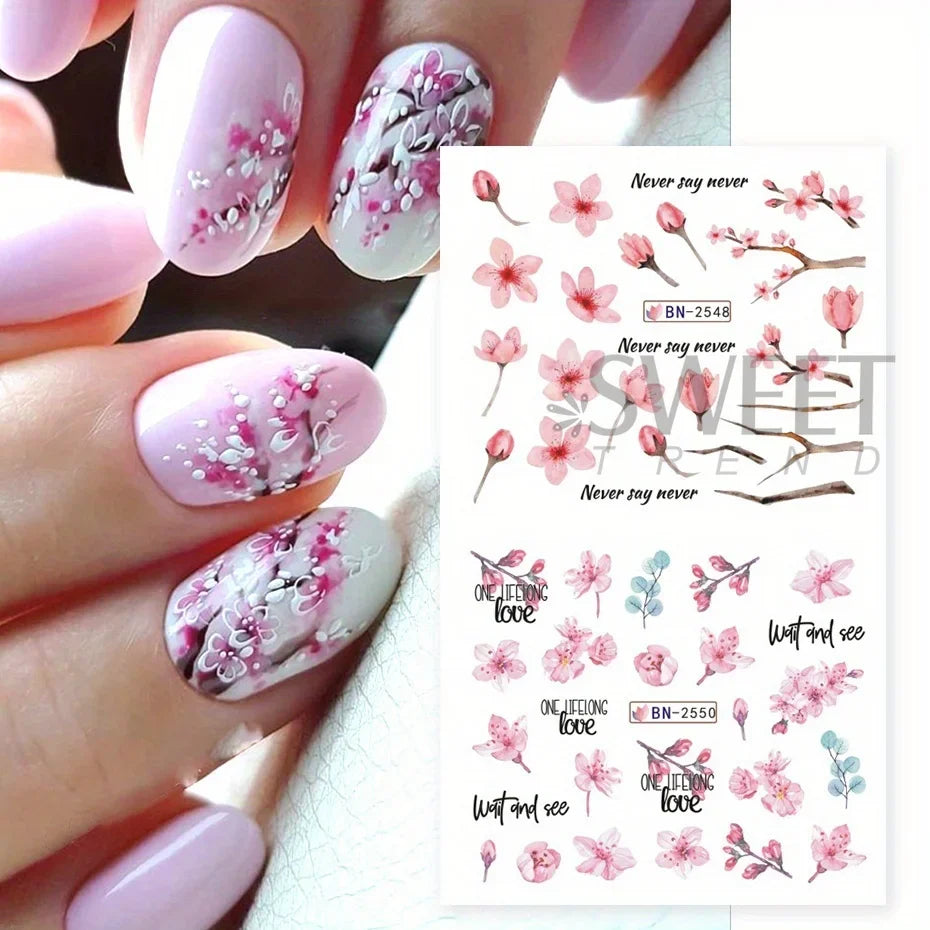 Aichashi 12pcs Pink Cherry Blossom Water Nail Sliders Winter New Year Sakura Floral Leaves Stickers DIY Charm Accessories Manicure Decor