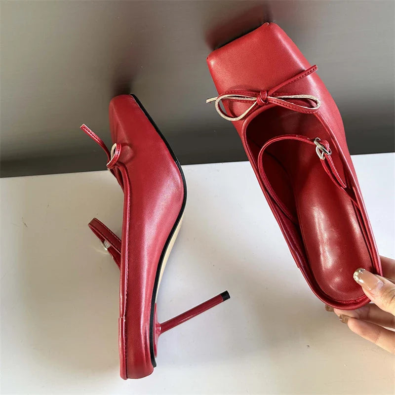 aichashi  -  Designer Bowknot Buckle Strap Pumps Women Sexy Square head Thin Heels Wedding Banquet Dress Mule Ladies Shoes