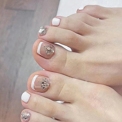 Aichashi 24P White Simple Toe Nails Tips Smudged Leopard Removable Acrylic Press On Toenail Short Full Cover Artificial Foot Fake Toenail