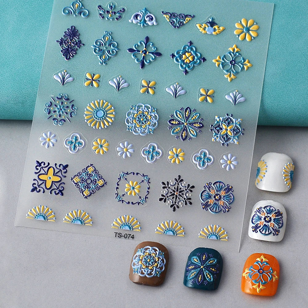 Aichashi 1PCS Bohemian Style 5D Nail Stickers Press on Nails Embossed Symphony Butterfly Flower Stickers Nail Decoration Decals