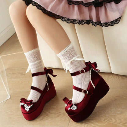 aichashi  -  Spring New Princess Lolita Platform Mary Jane Party Shoes Womens Sweet Bow Thick Flat Platform Cosplay Wedge Heels Pumps 45