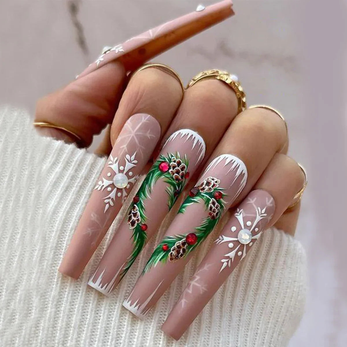 24Pcs Long Ballet Christmas False Nail Wearable coffin With diamonds Design Fake Nail Full Set of Nail Tip Pressing on nails