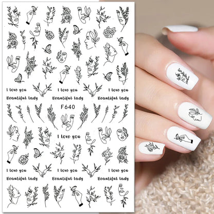 Aichashi 1PCS Black White Butterfly Laser Nail Stickers Y2K Nail Art Decoration Abstract Lines Bronzing Flowers Stickers For Nails