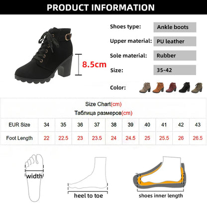 Aichashi Fashion Black Chunky Heeled Women's Ankle Boots Autumn Metal Decor High Heels Shoes Woman Lace Up Platform Booties Big Size