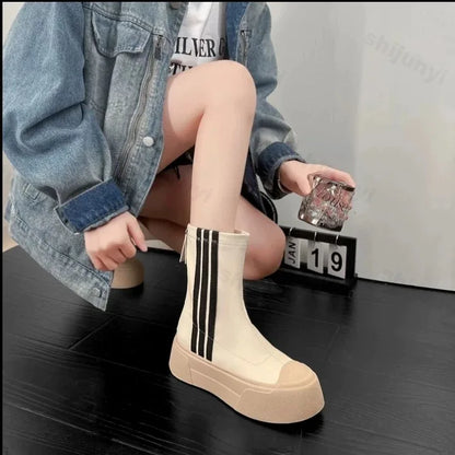 aichashi  -  winter shoes New Designer Women's Elastic Boots Zip Shoe Comfort Women Shoes Platform High-top Female Sneakers Thick Sole Mid-calf Boots