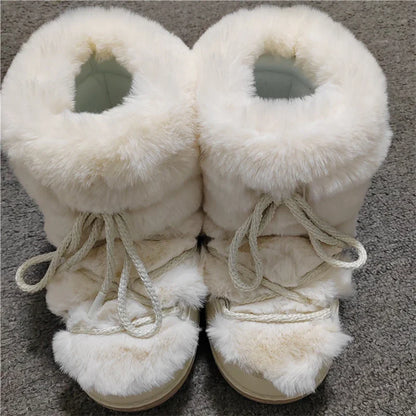 aichashi  -  Winter Snow Boots Women White Fur Boots Woman Luxury Thick Fluffy Furry Faux Rabbit Fur Lace-up Waterproof Warm Ski Boots