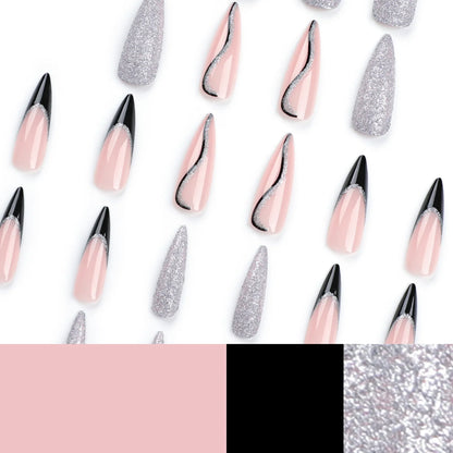 24pcs almond stiletto silver glitter black french press on acrylic nails ballet long false nails with sweet cool y2k designs