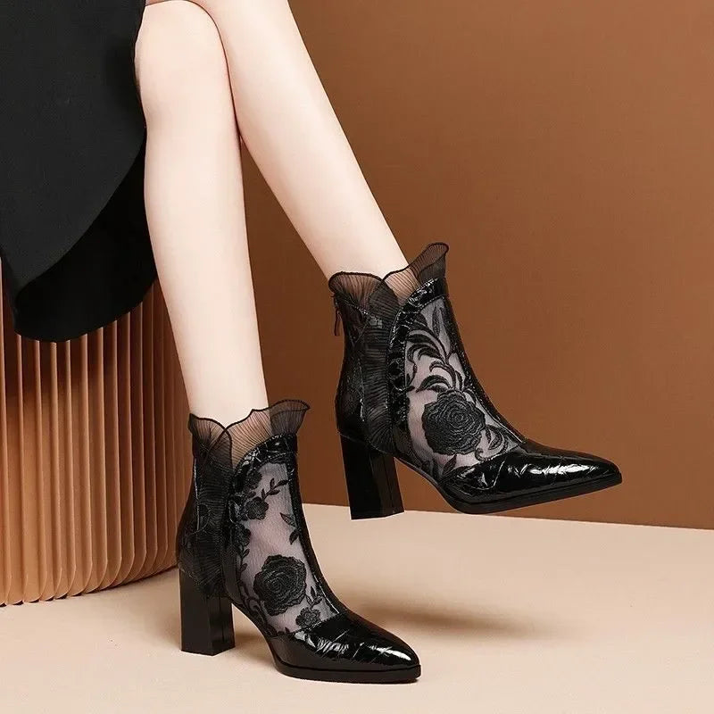 Aichashi Ethnic Style Retro Lace High Heels Ankle Boots Women Autumn Embroider Pointed Toe Platform Short Boot Thick Heeled Pumps Zapatos