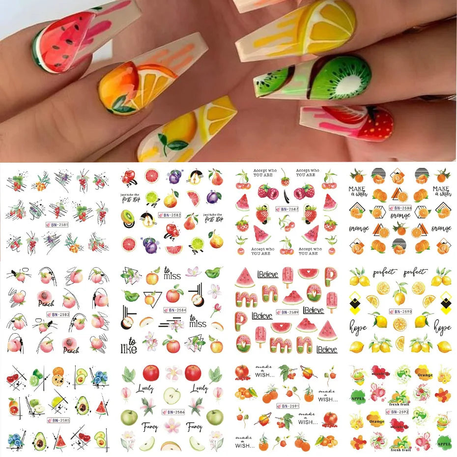 Aichashi 12 Designs Lily Flowers Nail Stickers White Flower Green Leaf Geometric Line Sliders Spring Floral Water Transfer Decals Slider