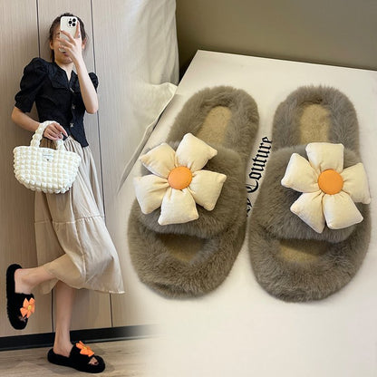 Aichashi Flower Plush Slippers Women Wear Autumn and Winter New Home Plus Size One Word Slippers Cute Cotton Shoes Zapatillas Planas