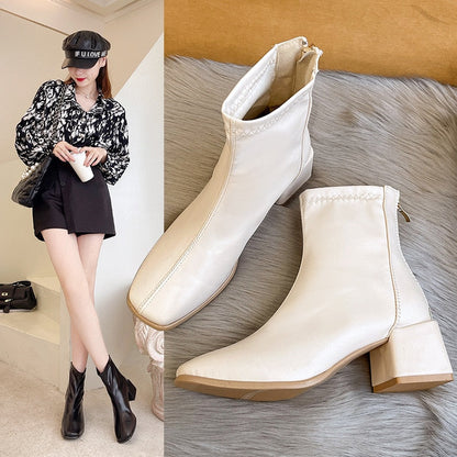 Aichashi New Square Toe Chunky Heel Ankle Boots for Women Square Toe Fashion Ladies Warm Winter Short Boots Zipper Square Heels Shoes