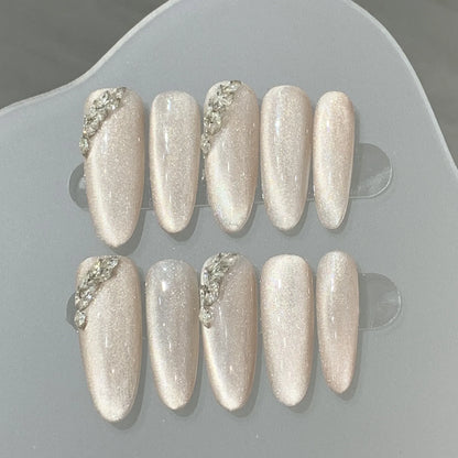 Cat Eye Love press on acrylic nails almond Handmade Wearable false Nails Irregular Diamonds full cover ballet fake Manicure