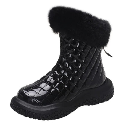 aichashi  -  Hairy Mouth Snow Boots Women's New Winter Round Head Inner Heightened Rear Zipper Short Boots Plush Keep Warm Cotton Boots