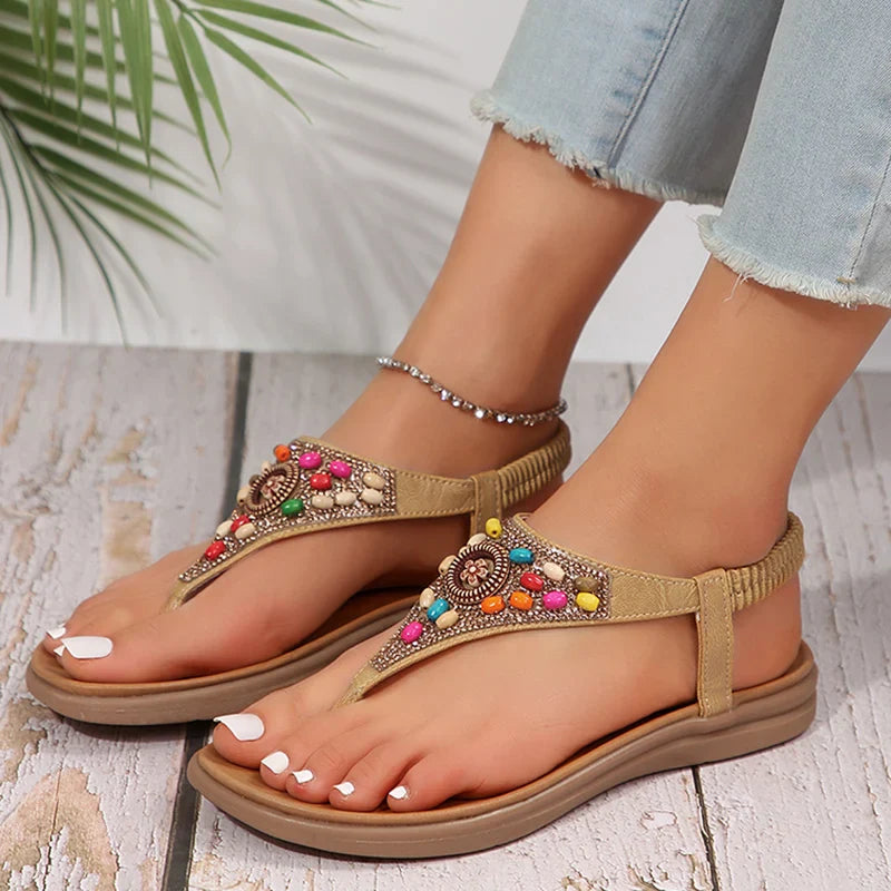 Aichashi Bohemian Style Retro Sandals Women 2024 Summer Clip Toe Flat Gladiator Sandals Woman Fashion Beaded Non Slip Outdoor Flip Flops