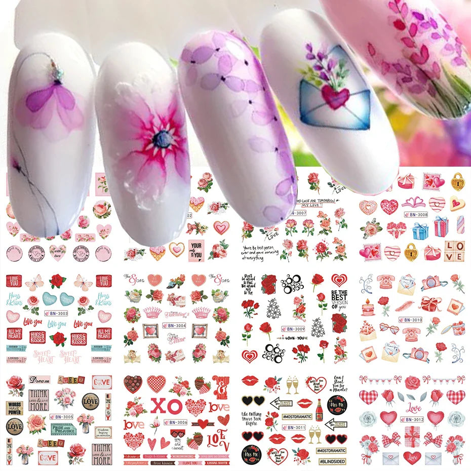 Aichashi 12 Designs Lily Flowers Nail Stickers White Flower Green Leaf Geometric Line Sliders Spring Floral Water Transfer Decals Slider