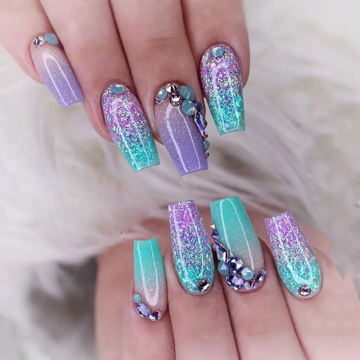 Aichashi 24Pcs False Nails Rhinestone Glitter Marble Grain Design Fake Fingernails Long Ballet Wearable Acrylic Full Cover Press on Nails