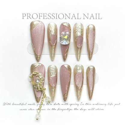 Aichashi 10Pcs Handmade Nails Set Press on Long Almond False Nail with Rhinestone Pink Camellia Design Reusable Full Cover Fake Nail Tips