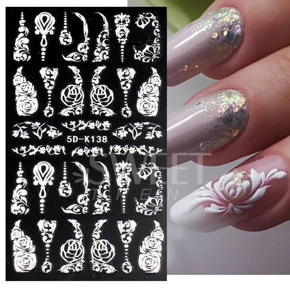 Aichashi 5D Embossed Filigree Stickers Nail Design Brown White Lace Necklace Adhesive Nail Decals Star Moon Carved Decor Sliders SASW-5D