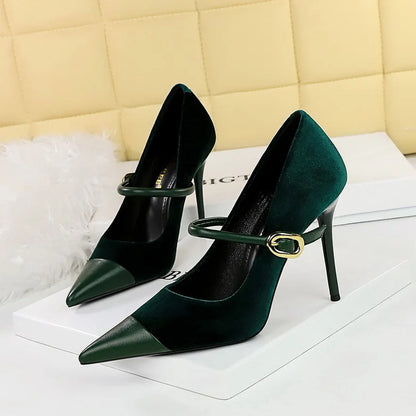 aichashi  -  Pointed Toe Velour Stiletto Heel Women Designer Party Dress Shoes Metal Buckle Splicing Elegant Heels Office Women Shoes Pumps