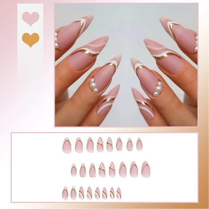 24PCS Sweet Strawberry Press on Nails French Pearl Design Almond False Nails Girl Gifts Detchable Full Cover Fake Nail Patches