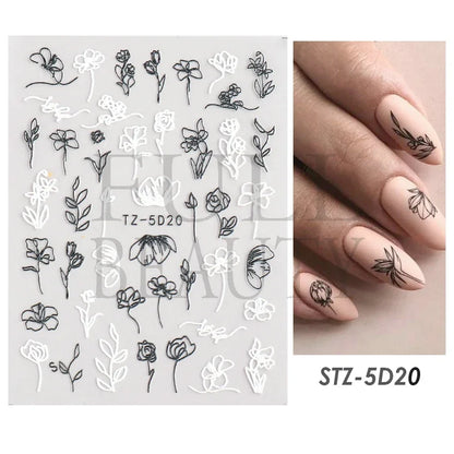 Aichashi 5D Embossed Filigree Stickers Nail Design Brown White Lace Necklace Adhesive Nail Decals Star Moon Carved Decor Sliders SASW-5D