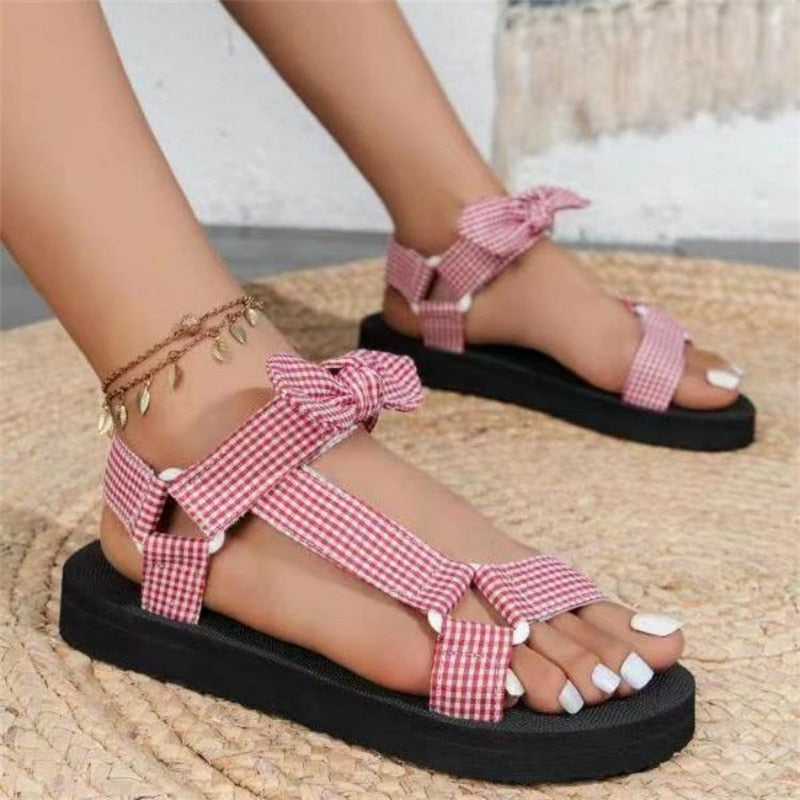 aichashi New Summer Women Sandals Color Flat Casual Lace Up Bow Shoes for Ladies  Fashion Outdoor Leopard Beach Mujer