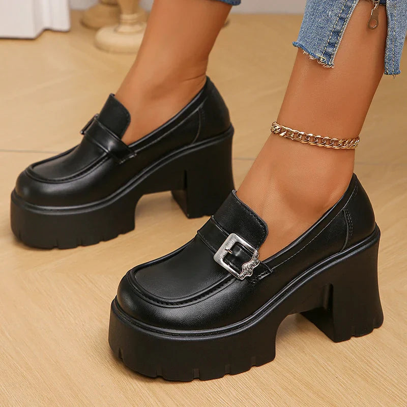 aichashi  -  Chunky High Heels Loafers Women Spring New Platform Pumps Woman Fashion Buckle Thick Bottom Gothic Shoes Female