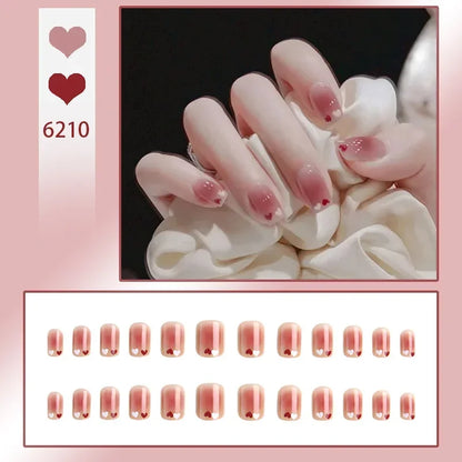 24pcs French Fake Nails Short Art Nail Tips Press Stick on False with Designs Full Cover Artificial Pink Wearable Christmas Tips