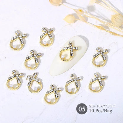 Aichashi 10pcs/bag Butterfly Shaped Nail Rhinestone Star Flower Nail Charm Silver Gold Alloy Nail Pearl Jewelry Accessories Nail Supplies