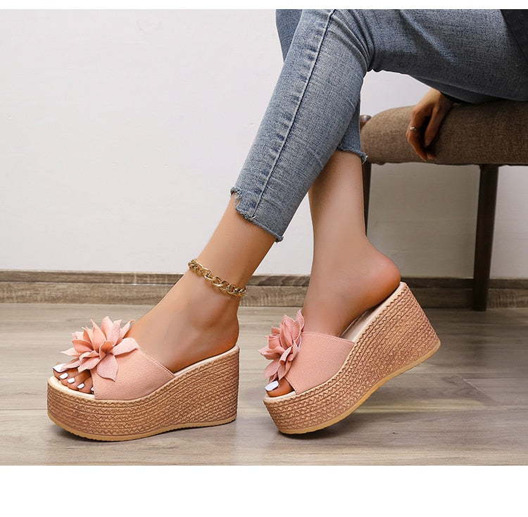 Aichashi 9cm Heels Summer Beach Platform Women Wedge Slippers Appliques Butterfly-knot Female Sandals Clog Shoes Slides Women