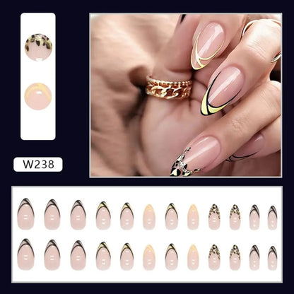 24pcs Long Almond Fake Nails French Lines Kiwi Pink Leopard Print Full Cover Press on Nails