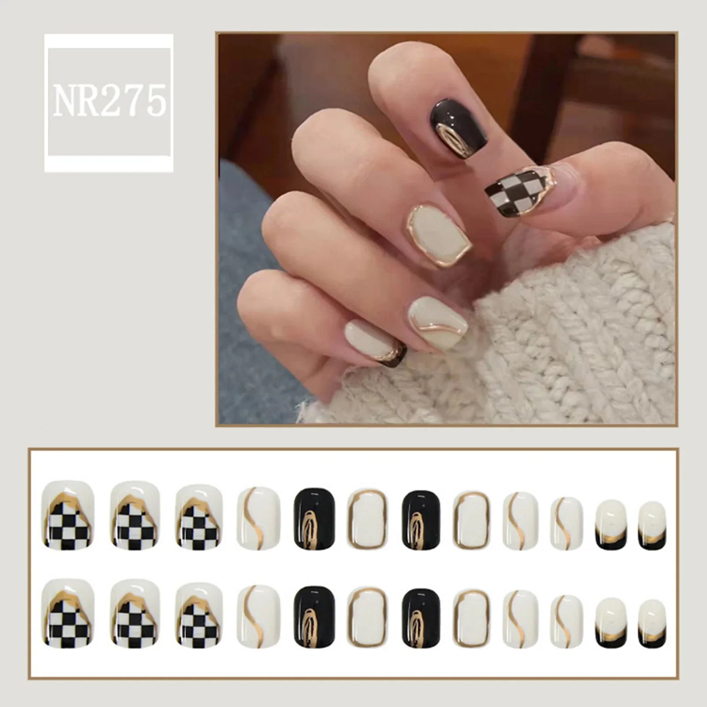 24Pcs Fashion Fake Nails Press on Nail Cute Bear Milk Tea Color Chessboard Grid Pattern Artificial nail Tips with Jelly glue