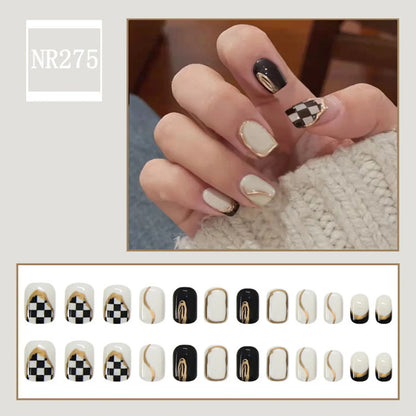 24Pcs Fashion Fake Nails Press on Nail Cute Bear Milk Tea Color Chessboard Grid Pattern Artificial nail Tips with Jelly glue