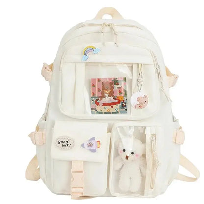 aichashi Preppy School Bag Student Backpack Nylon Cute Girl Backpack Badge Pendant Travel Bag