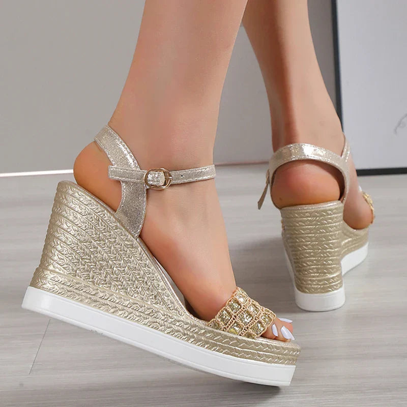 Aichashi Gold Silver Glitters Wedge Sandals Women Buckle Strap Chunky Platform Sandles Woman Summer Non-Slip Thick Sole Sandalias Mujer