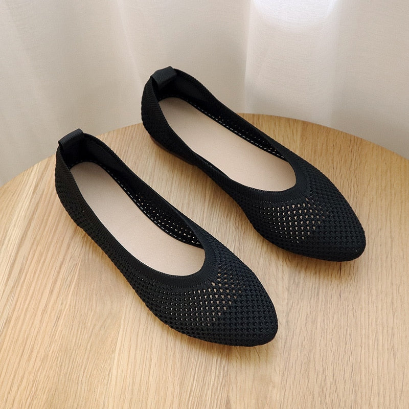 Aichashi Mesh Square Head Grandma Shoes Female Spring New Soft-soled Hollowed-out Casual Ladybugs Knitted Flat-bottomed Flying Shoes