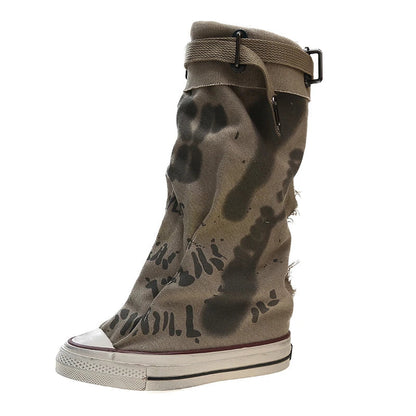 Aichashi 2024 Graffiti High Top Canvas Shoes Women's Spring Boots Wide Barrel Mid Barrel Boots New Trouser Barrel Stacking Boots