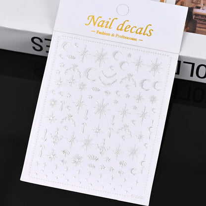 3D Gold Sun/Moon/Star Bronzing Nail Art Sticker 8*10cm Laser Star Moon Design Nail Decal Gold Silver Self-Adhesive Slider