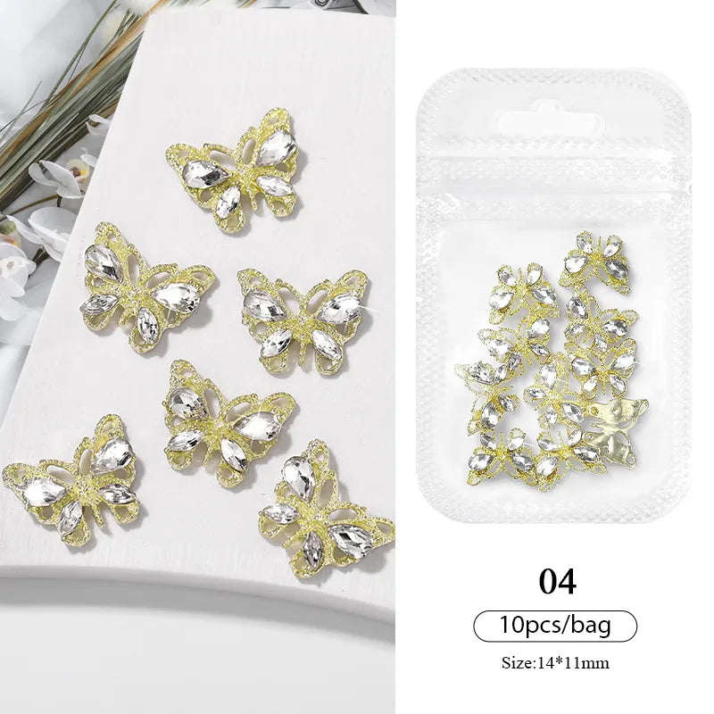 Aichashi 10pcs/bag Butterfly Shaped Nail Rhinestone Star Flower Nail Charm Silver Gold Alloy Nail Pearl Jewelry Accessories Nail Supplies