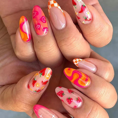 24Pcs Almond False Nails With Tools Cute Heart Strawberry Chili Design French Checkerboard ABS Press On Nails Fake Tips Wearable