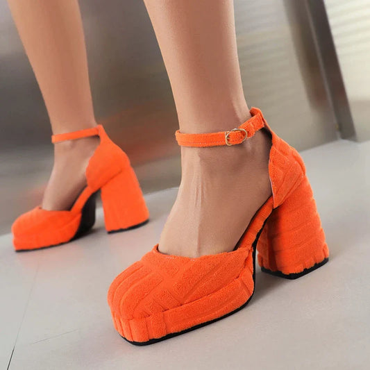 aichashi  -  Orange Green Ankle Strap Sandals for Women Summer Super High Heels Square Toe Pumps Female Design Towel Gladiator Shoes 43