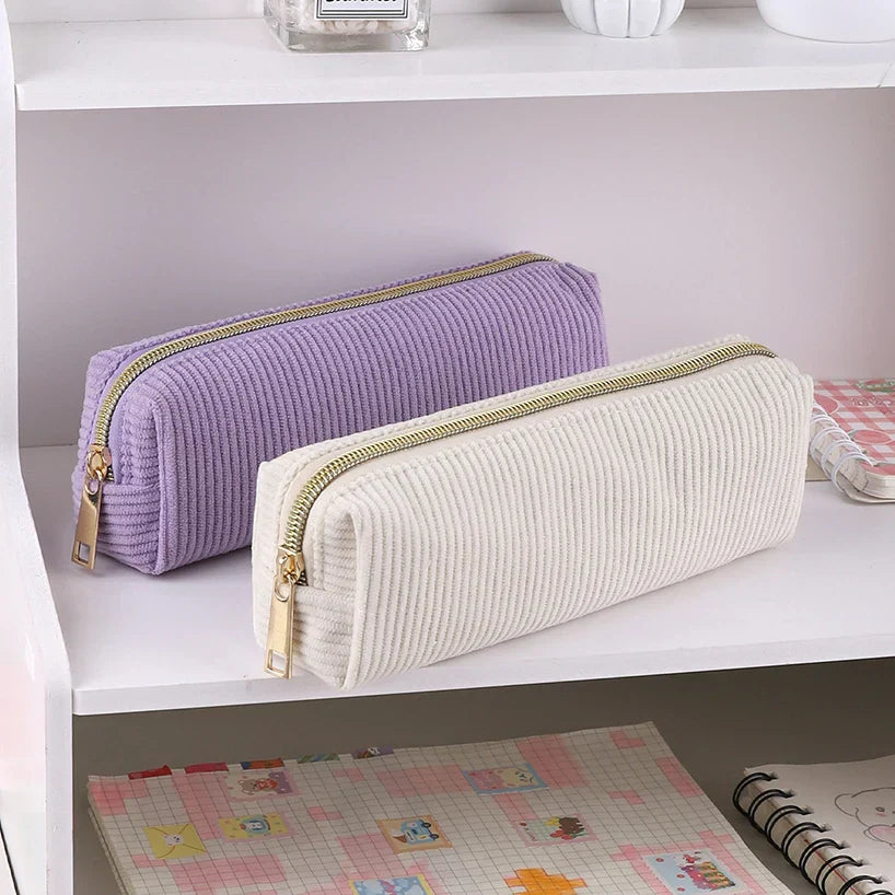 Aichashi BACK TO SCHOOL Solid Color Pencil Case Estuche Escolar Pencil Pouch Kalemlik Stationary Corduroy Pen Case School Supplies Trousse Pencilcase