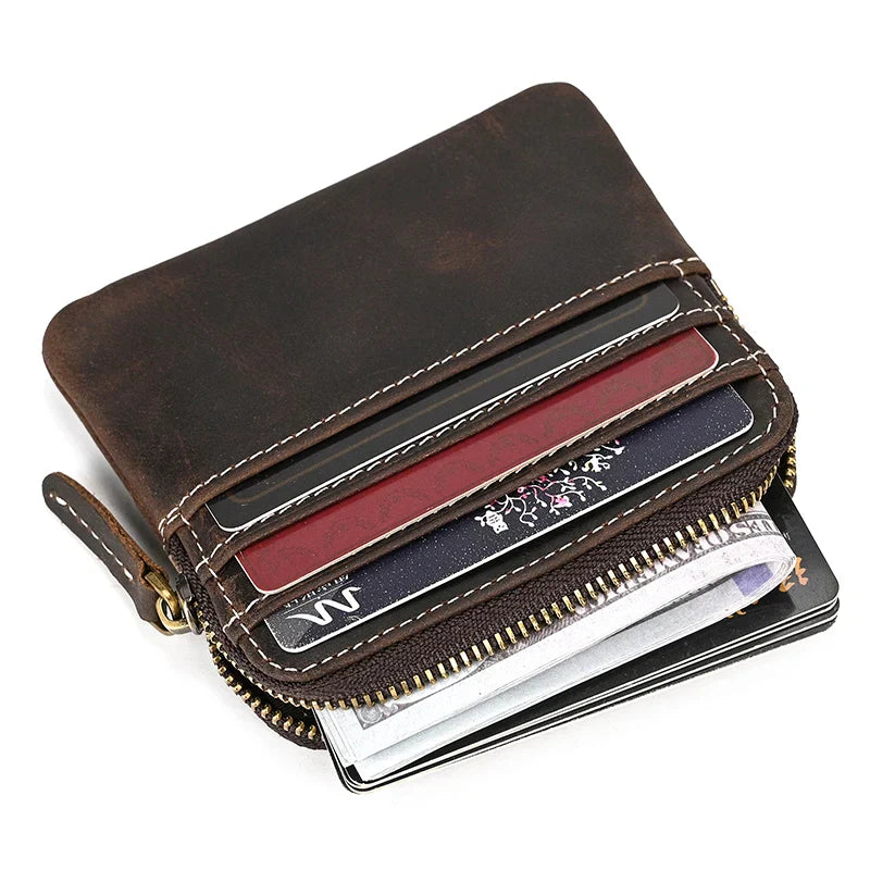 Aichashi Crazy Horse Leather Men Zipper Coin Purse Card Holder Short Wallet Women Man Mini Clutch Wallets Money Cash Short Purse