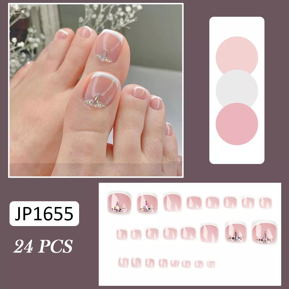 Aichashi False Toe Nails Summer Simple Wearable Fake Toenails Set Press On Nail French Removable Nail Stickers With Glue For Girls 24pcs